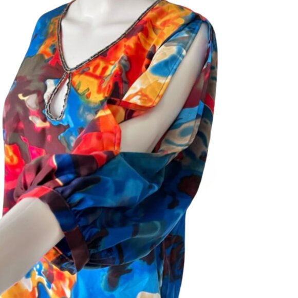 Allen B. By Allen Schwartz Keyhole Boho‎ Cold Shoulder Blouse multi color sz L - Picture 1 of 6